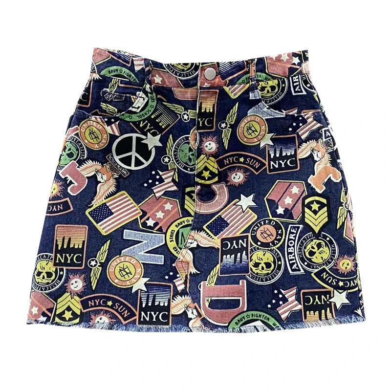 Summer Womens Fashion Denim Skirt High Waist Mini Short Skirt Ladies A-Line Skirts Female Denim Skirt Color Print Skirts A90