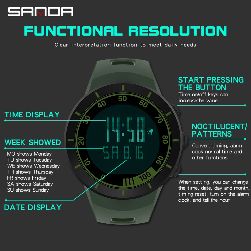 Fashion Brand SANDA Men Watch Luxury Large Dial Digital Watches Luminous Electronic Wristwatches Men\'s Sport Hour Alarm Clock