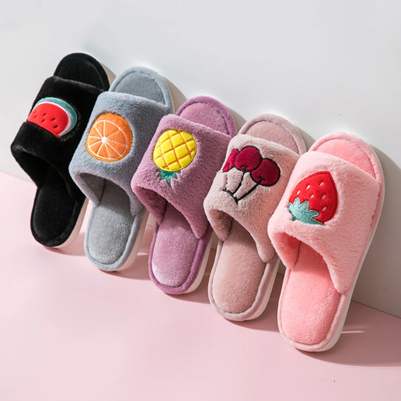 Cute Cartoon Fruit Pattern Home Women Fur Slippers Winter Plush Ladies Flats Shoes Strawberry Pineapple Furry Slippers Female