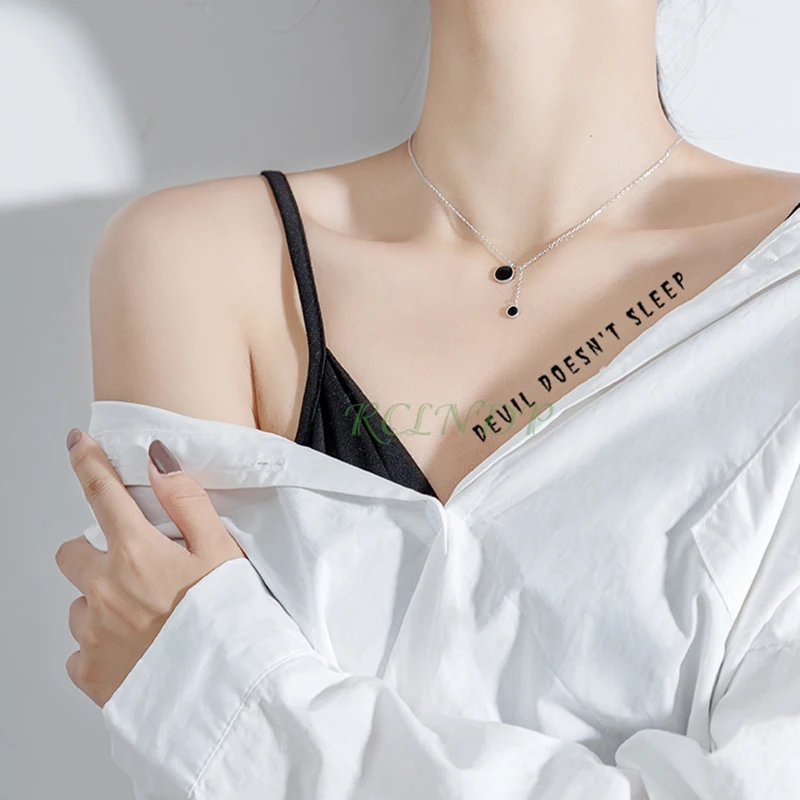 Waterproof Temporary Tattoo Sticker Black Devil Doesn't Sleep English Letters Flash Tatoo Fake Tatto Neck Wrist For Woman Men