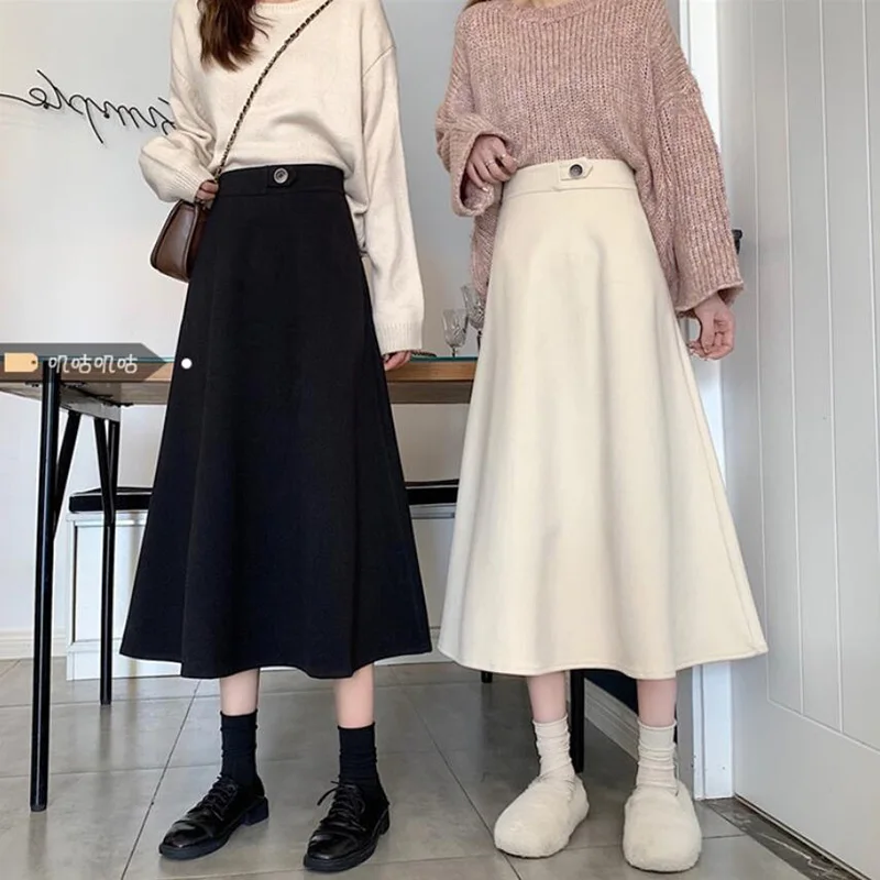 Elegant Women Beige Sweater Midi Skirt 2021 Autumn Winter High  Waist A-line Office Skirt Ladies Elegant Chic Mid Calf Skirts