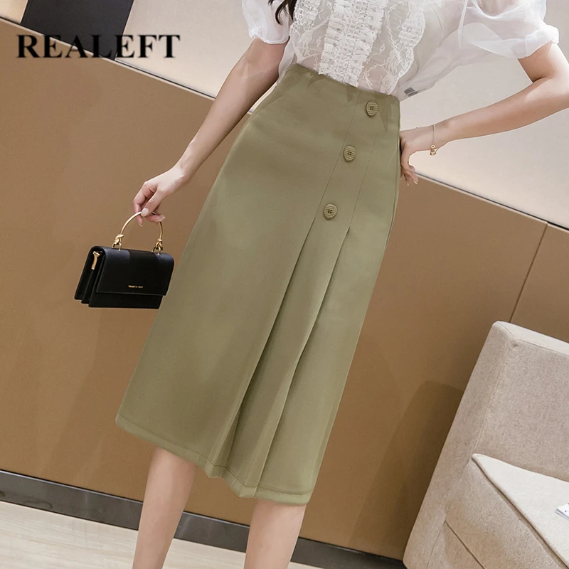 REALEFT Spring Summer 2020 New Work Wear Women's Pleated Midi Skirts Korean OL Style High Waist Button A-Line Wrap Skirts Female