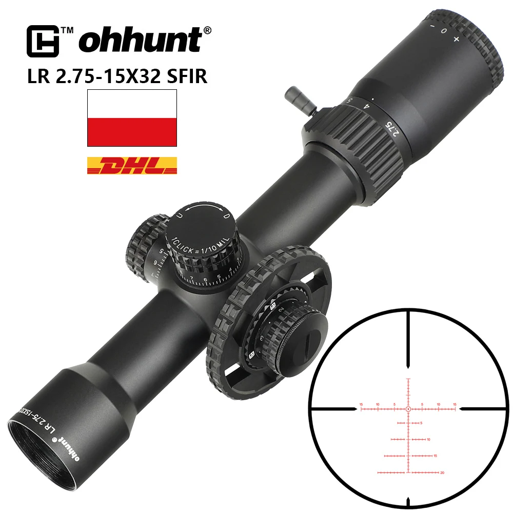 

ohhunt LR 2.75-15X32 SFIR Hunting Scope Side Parallax Glass Etched Reticle Red Illumination Turret Lock Reset Scope