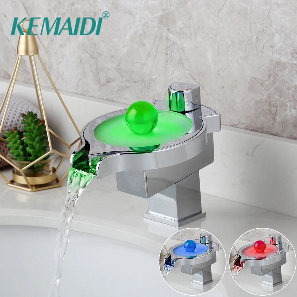 

KEMAIDI Led Basin Faucet Water Mixer Tap Chrome Brass Led Waterfall Bathroom Basin Sink Faucet Night Pearl Control Handle