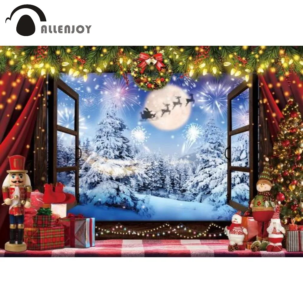 Allenjoy Christmas Party Winter Snow Scenery Windows Background Fireworks Wreath Lights Curtain Bells Forests Moon Backdrop