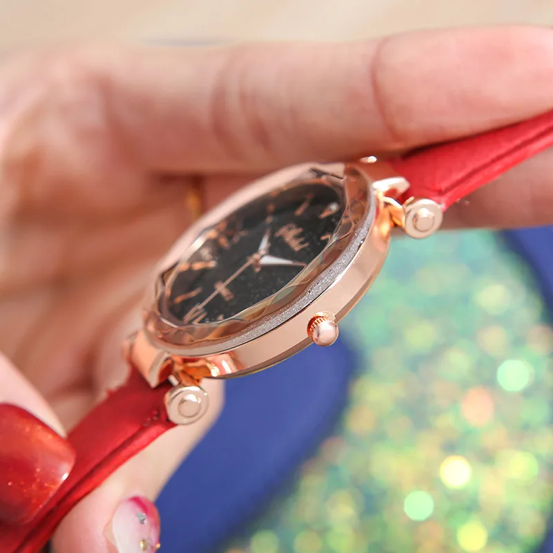 Reloj de pulsera con diamantes de imitación para mujer, reloj de cuero con cielo estrellado romántico, a la moda