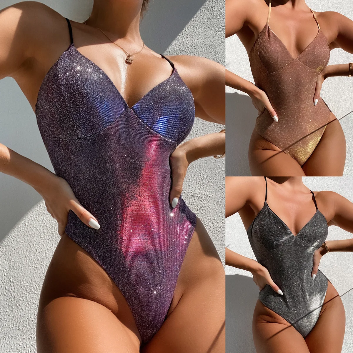 Feminino um pedaço maiô feminino 3 cor brilho maiô sexy maiôs para as mulheres terno de natação monokini