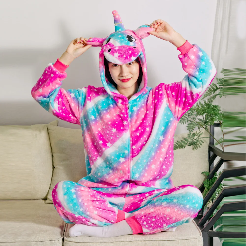 Unisex Adults Unicorn Pajamas Onesies Plush Fleece Unicorn Animal Costume Flannel Cosplay One Piece Sleepwear Halloween Dress Up