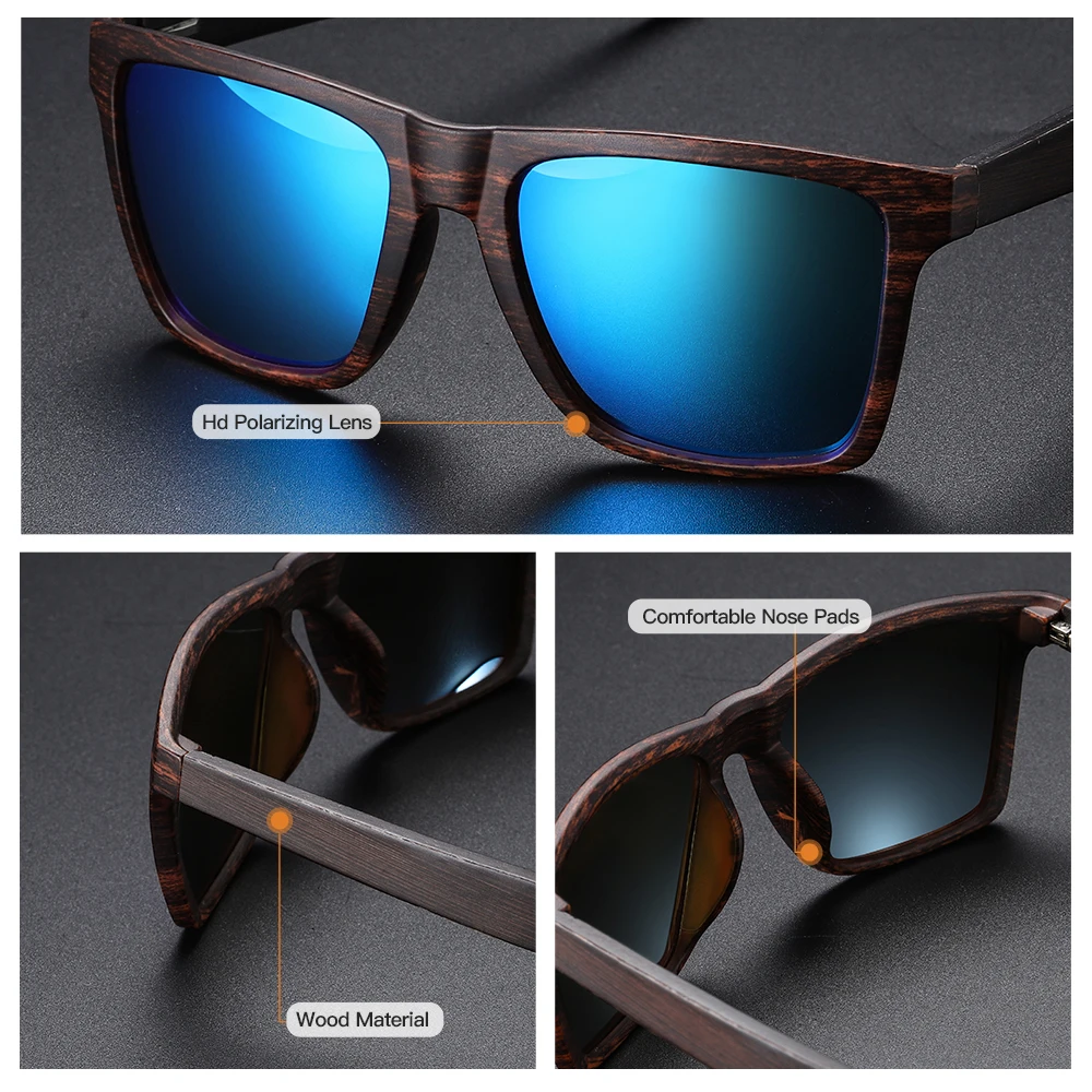 GM Wooden Sunglasses Women Sunglasses Men Polarized Fashion Flat Lens Square Frame Eyewear UV400 Colorful Sun Glasses