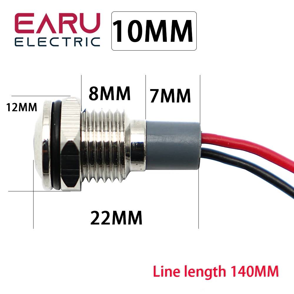 Металлический светодиодный сигнальный индикатор, 10 мм, водонепроницаемый IP67 сигнальный индикатор, сигнальная лампа, переключатель с проводами, 5/12/24/220 В, красный, зеленый, синий, белый, желтый
