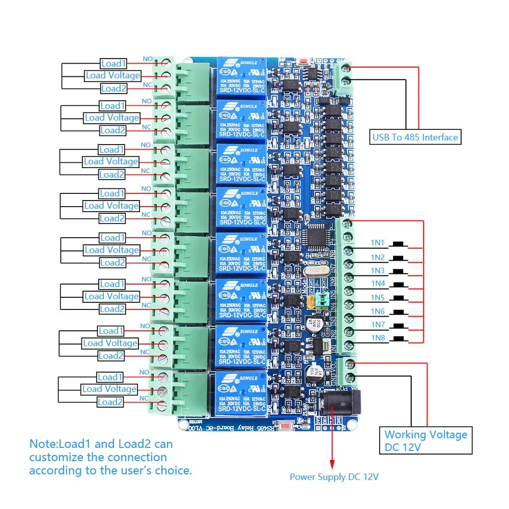 RS485 Modbus-RTU 12V Relay Module Switch Controller for Arduino TTL Communication Interface 1 2 3 4 6 8-Channel