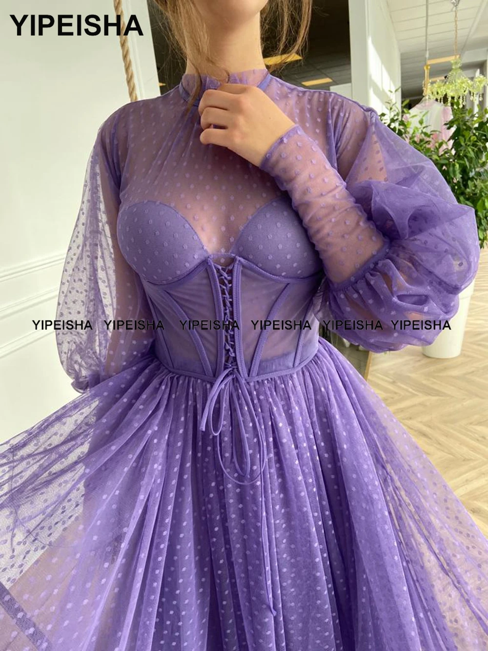 Yipeisha Hoge Hals Paars Prom Dresses Thee Lengte Bladerdeeg Mouwen A-lijn Party Dress Dot Tulle Homecoming Gown Robe De Cocktail