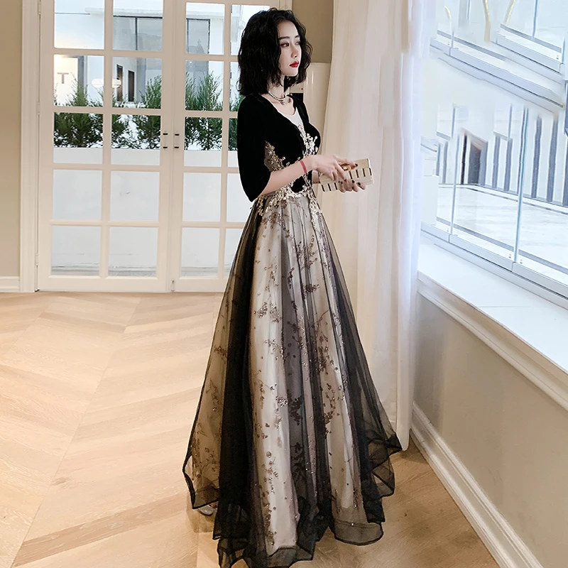 Evening Dress O-Neck Appliques Bling Luxurious Empire Half Sleeves A-Line Pleat Floor-Length New Woman Formal Party Gowns A951