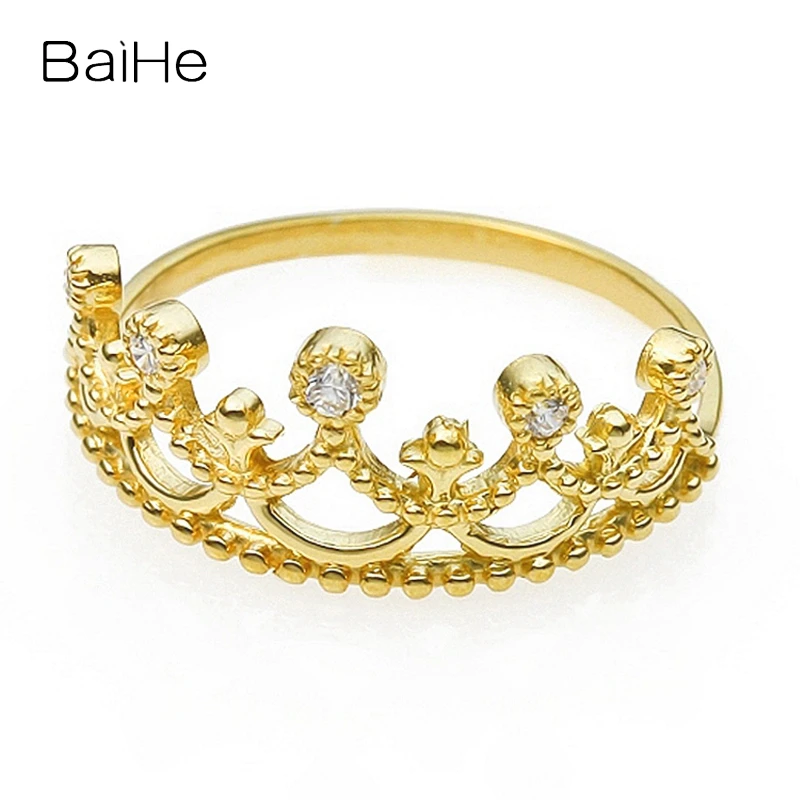 BAIHE Solid 14K Yellow Gold Natural Diamond Crown Ring Women Party Trendy Wedding Engagement Gift Fine Jewelry Anneaux Перстень