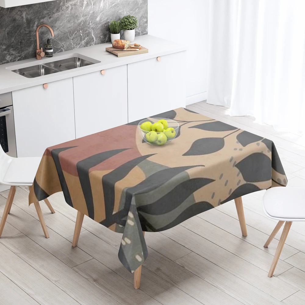 Tropical Plants Leaves Moon Rectangular Tablecloths Brown Green Elegant Kitchen Decor Waterproof Anti-stain Film for Coffe Table