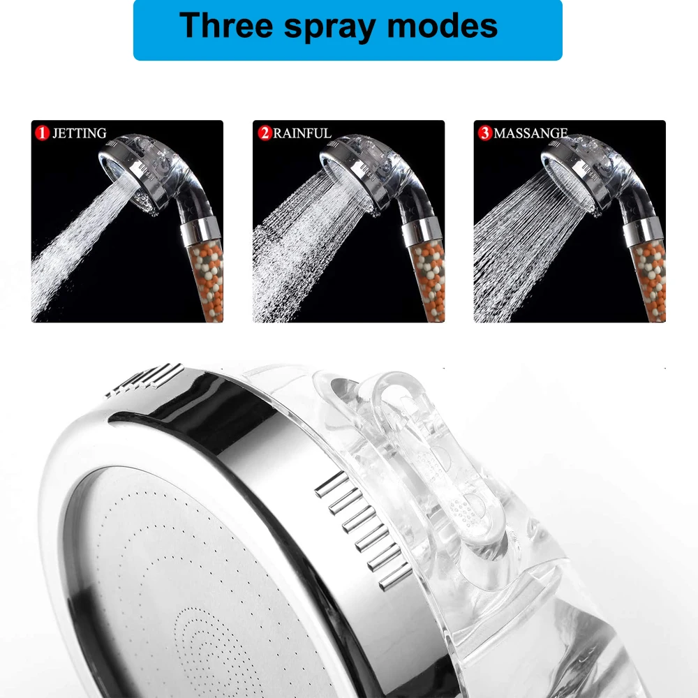 Z&L Bathroom Pressurized Anion Mineral Balls 3 Modes Adjustable High Pressure Hand Filter Spa Shower Head Set with Hose Bracket