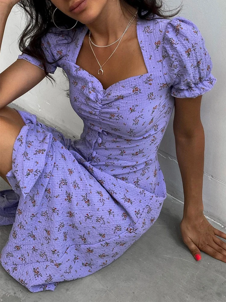 2024 Women's Mid length Dress Flower Print Bubble Short Sleeve Retro Dress Square Neck A-line Long Summer Bohemian Festival Dres