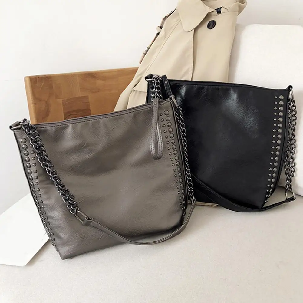 Casual Women Solid Color Rivet Chain Shoulder Bag Faux Leather Crossbody Pouch Faux Leather with Chain &Rivet Women Shoulder Bag