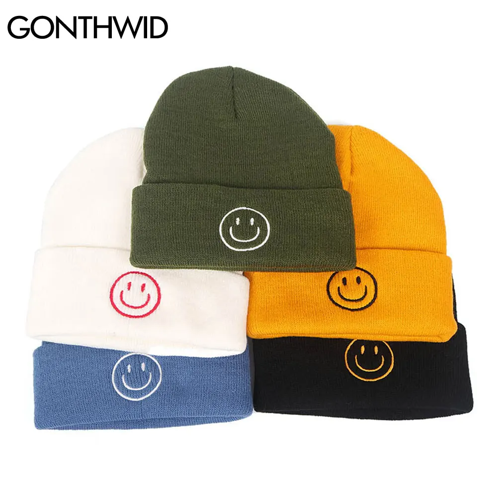 GONTHWID Beanie cappelli lavorati a maglia tinta unita Hip Hop Harajuku ricamo sorriso viso caldo polsino Slouchy Skull berretti da sci berretti