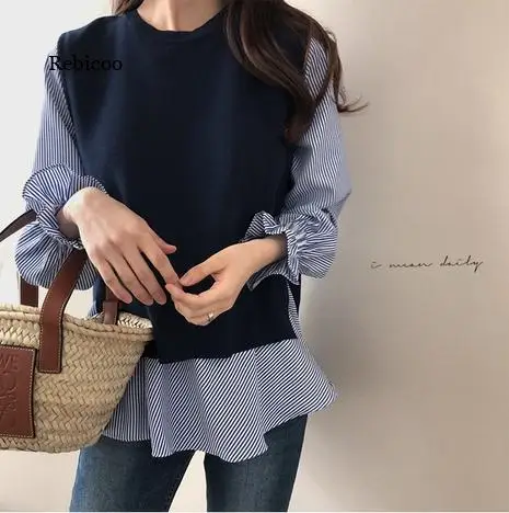 

Autumn Women white Ruffled Long Sleeve Shirt+ black O-Neck Pullover Sleeveless Vest Office Casual Knitted Vest 2 Piece Set