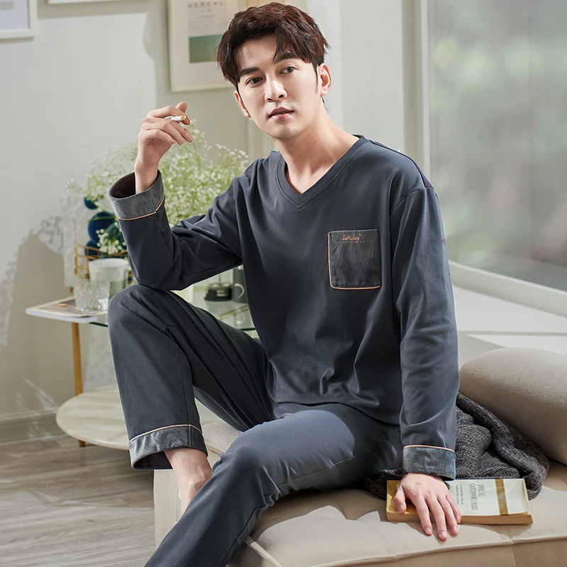 Men V-Neck Splice Pajamas Set Cotton Male Long-sleeved Autumn Winter Pyjama Loose Men Home Set Solid Sleepwear Tops + Pants 2PCS