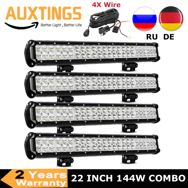 4PCS 22inch 144W LED Work Light Bar Offroad Lamp With Wiring Harness Combo Beam For Tractor ATV SUV Boat Car 12v 24v