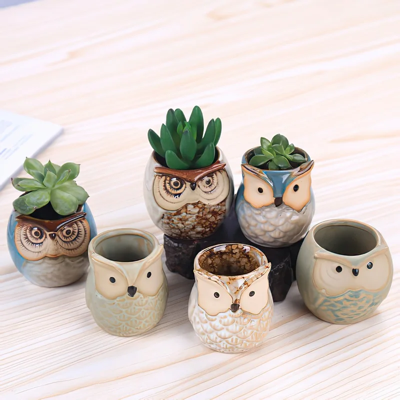 European Owl Animal Thumb Small Flower Pot Creative Succulent Plant Pot Personality Ceramic Crafts Office Home Decoration