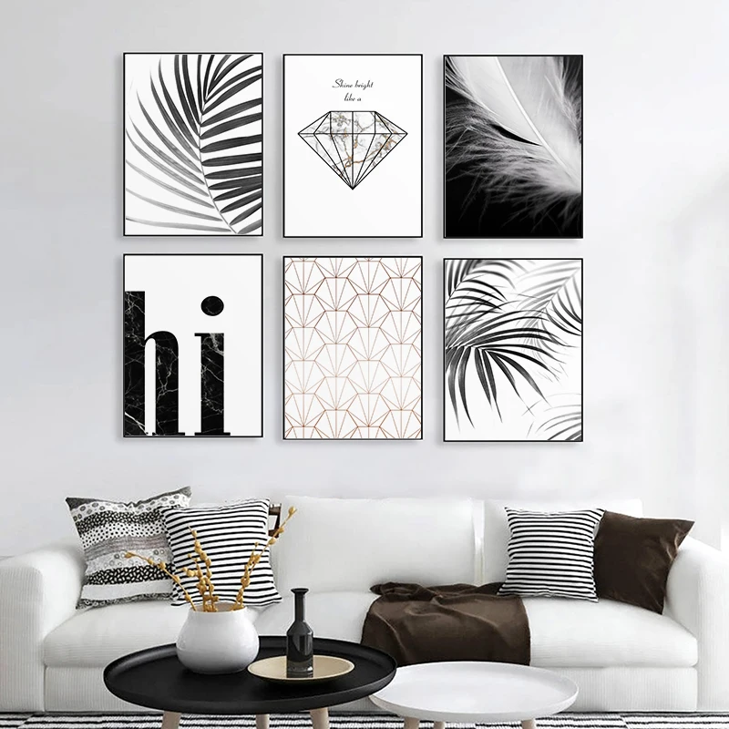 

Nordic Marble Diamond Poster Feather Plants Print Canvas Painting Wall Art Pictures for Living Room Bedroom Modern Home Decor