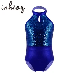 Kids Sleeveless Shiny Sequins Backless Gymnastics Leotards Stage Performance Ballet Dance Wear Clothes