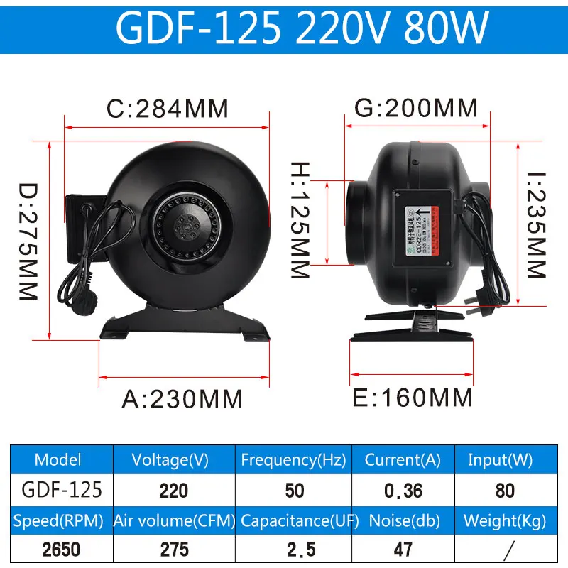 75W / 80W Brushless Motor Circular Coaxial Pipe Centrifugal Fan GDF-100 / 125 Blower 220V Industrial cooling fan