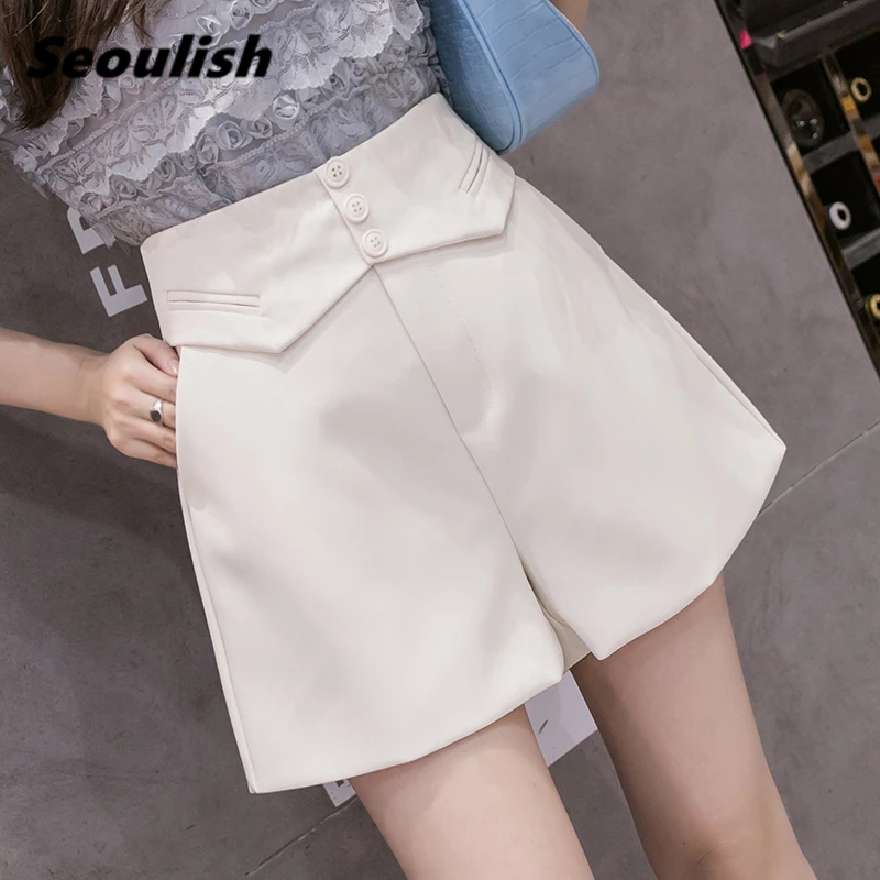 

Seoulish Summer 2021 New Elegant Buttons Formal Women's Suit Shorts High Waist Office Lady Wide Leg Shorts Chic Loose Trousers