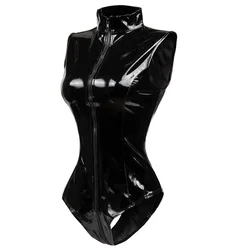 Macacão sem mangas de PVC para mulheres zíper crotch preto bodysuit sexy de spandex catsuit látex couro bodysuit curto PU, clubwear