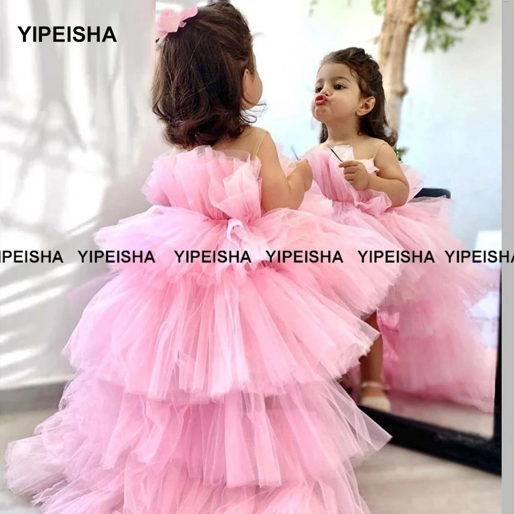 Yipeisha rosa flor meninas vestidos para o casamento inchado meninas pageant vestido alta baixa vestido de baile da criança primeiro comunhão vestido