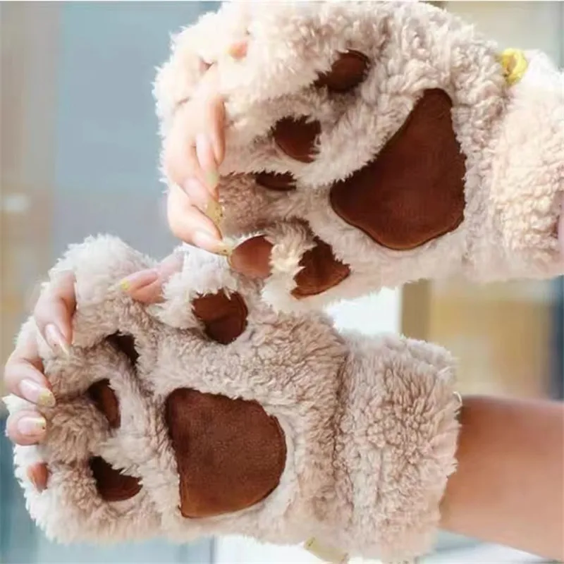 Women Plush Cat Paw Claw Gloves Faux Fur Winter Kitten Fingerless Mittens Gloves Cute Half Finger Gloves Costume Accessories