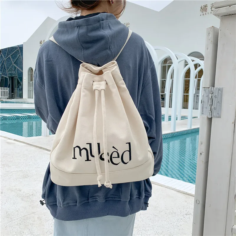 CGCBAG Korean Fashion Canvas Women Backpack 2022 Simple Letter Printing Backpack Female Retro Drawcord School Bag Designer Bag