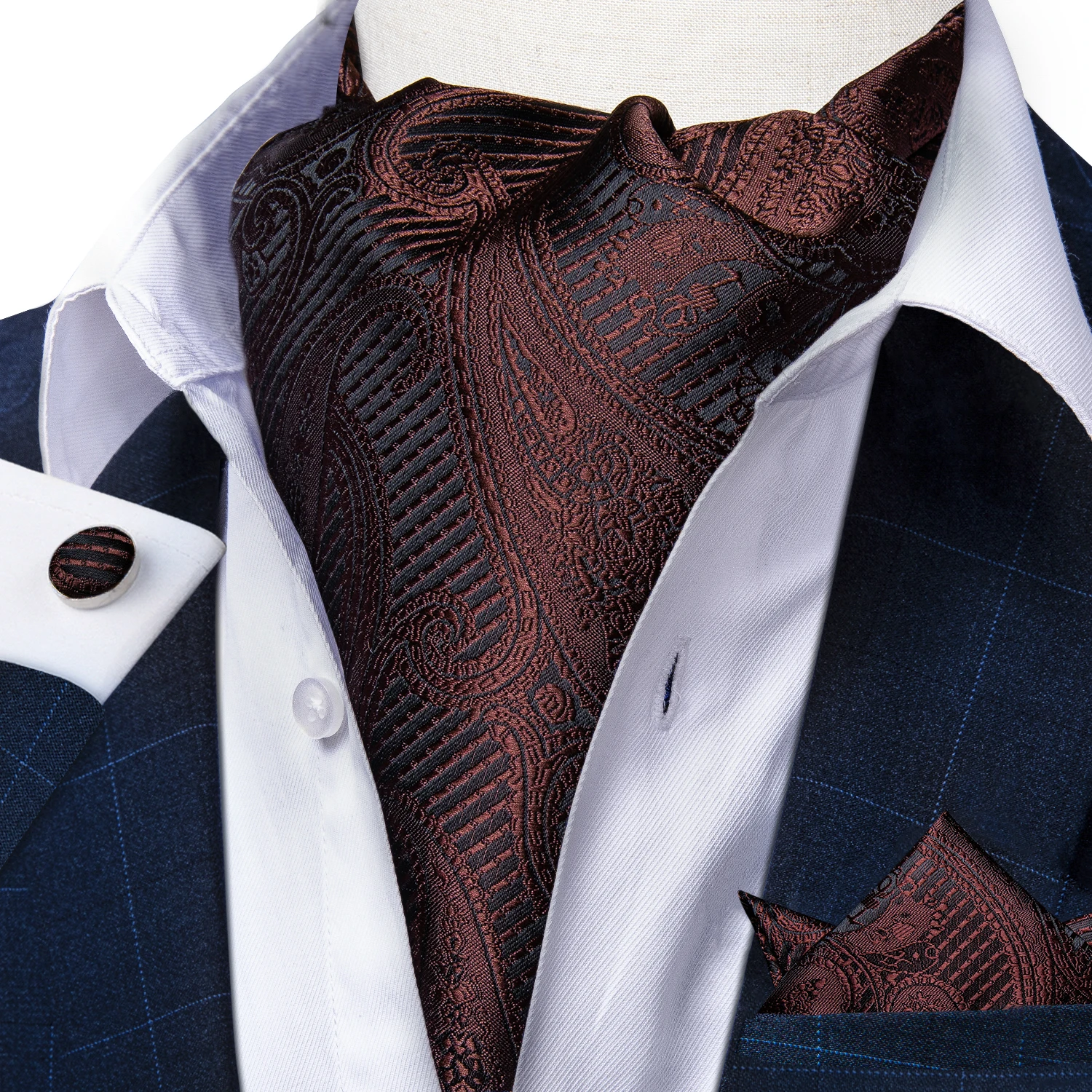 Gentleman Wine Red Cravat Ascot Tie for men British Vintage Style Cravat Autumn Winter Scarf Necktie Set for Formal Business