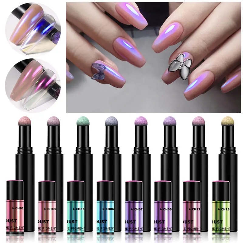 Magic Mirror Nail Glitter Cushion Pen Nail Art Holographic Laser Effect Solid Aurora Powder Pigments Manicure Tools