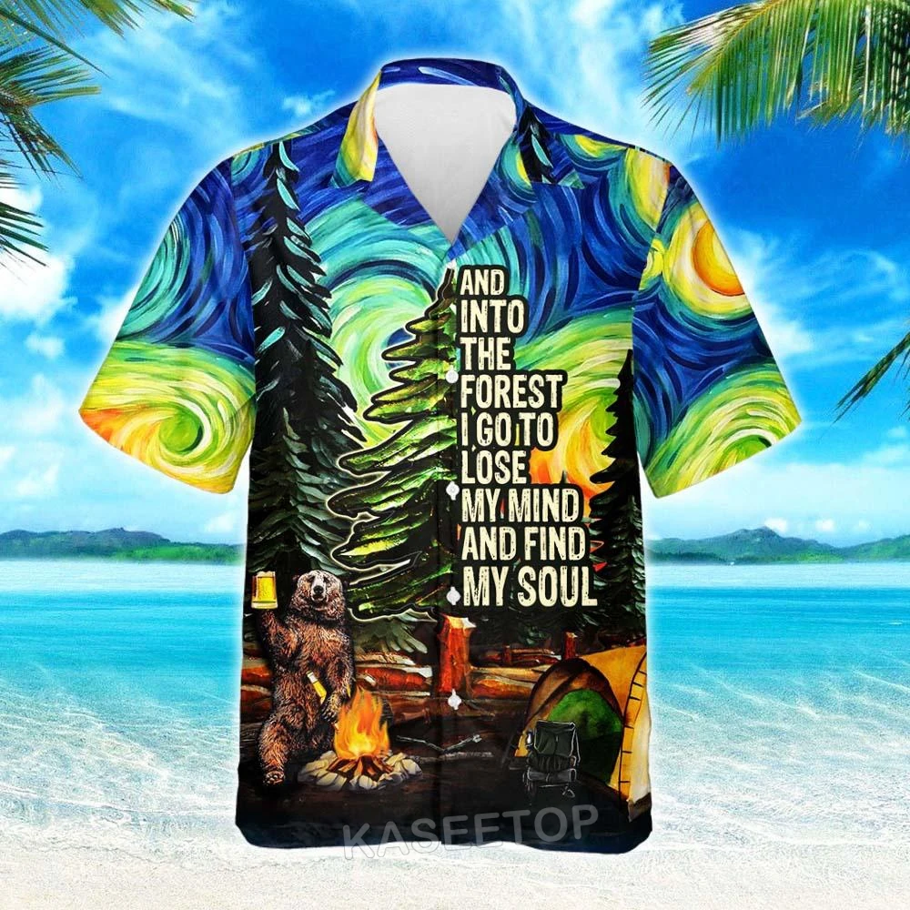 Mens Beach Camping Starry Night Shirt Aloha 3D Print Hawaiian Shirt Casual T Shirt Button Wild Blouses Oversize Streetwear Tops