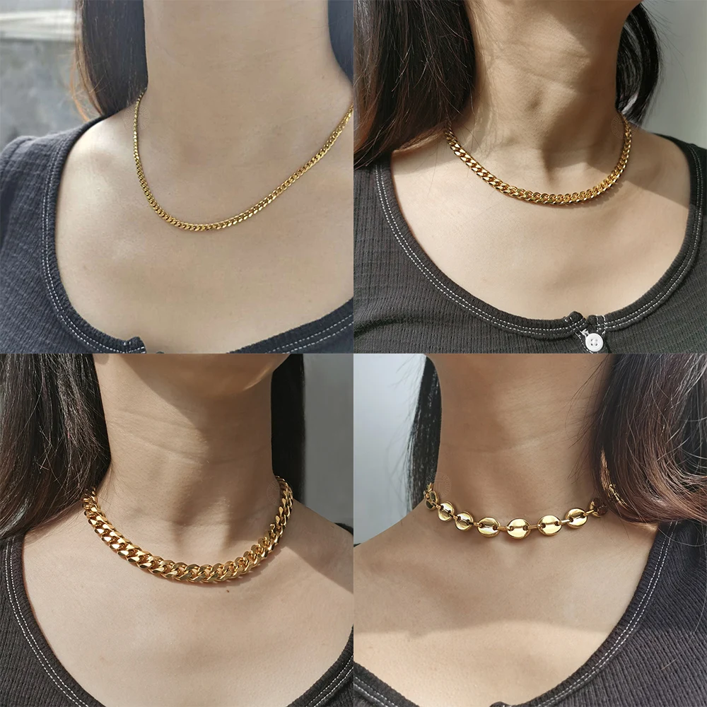 Basic Punk Choker Necklace for Women Stainless Steel Cuban Curb Coffee Beans Box Short Link Chain Simple Jewelry 16inch KNM180