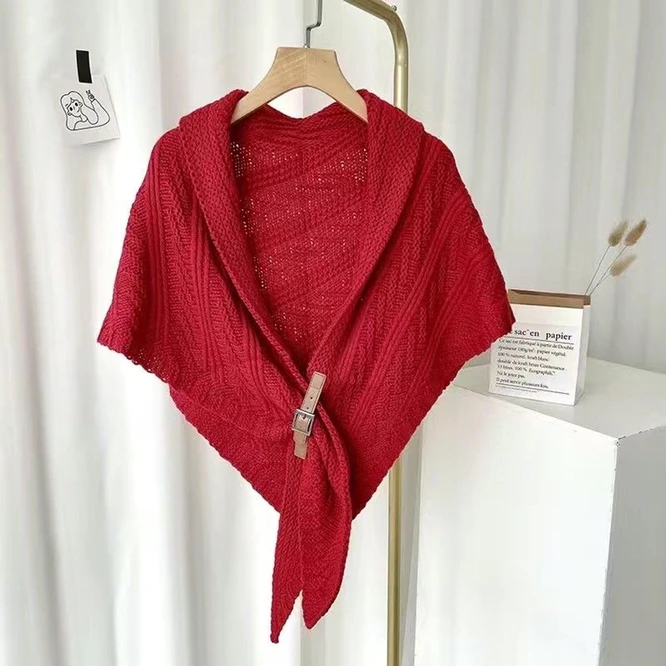 

Fashion Korean Version Spring Autumn Leather Buckle Shawl Fork Triangular Cape Women's Knitted Scarf Girl Bib Scarf Red