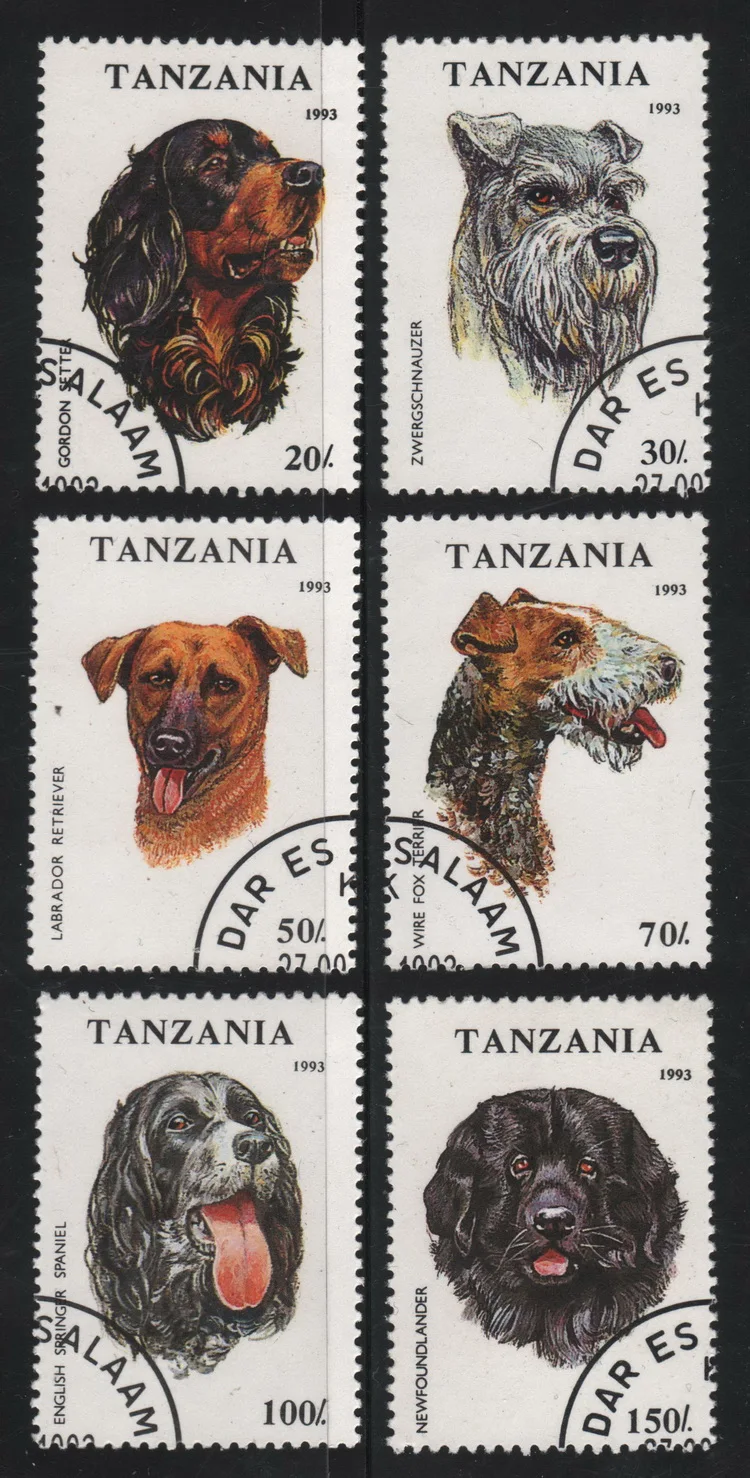 6Pcs/Set Tanzania Post Stamps 1993 Pet Dogs  Marked Postage Stamps for Collecting