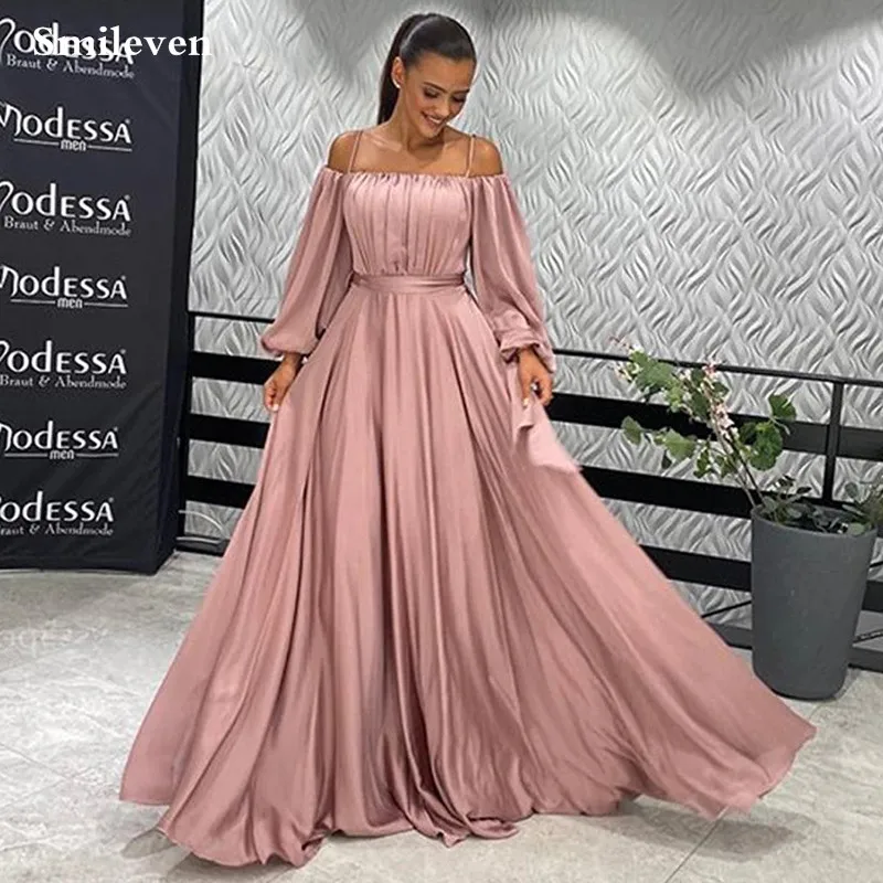 Smileven  Elegant Pink Prom Dresses Bishop Sleeves High Slit Satin Evening Dresses Light Elegant Long Party Gowns