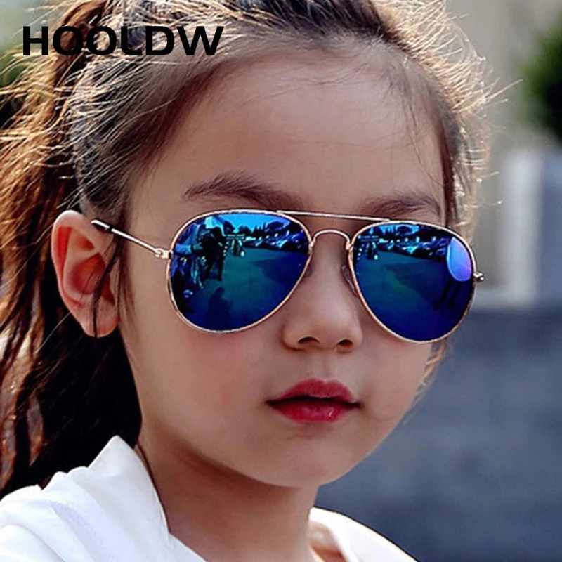 HOOLDW Fashion Kids Sunglasses Classic Piolt Style Children Sun Glasses Girls Boys Metal Frame Colorful Mirror Goggle Glasses