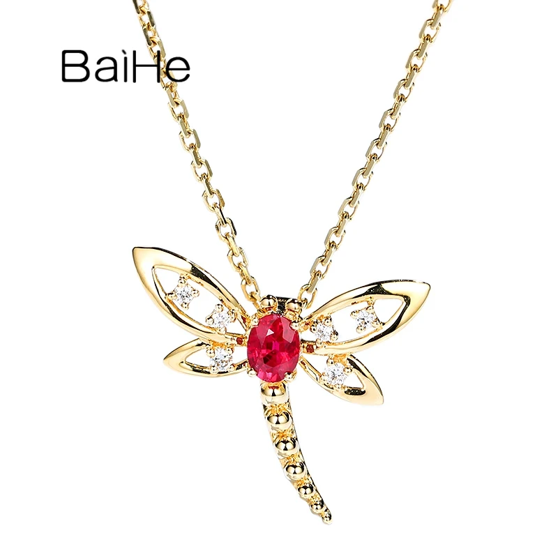 

BAIHE Solid 18K Yellow Gold Natural Ruby Diamond Dragonfly Pendant Women Trendy Engagement Gift Fine Jewelry Pendentif libellule