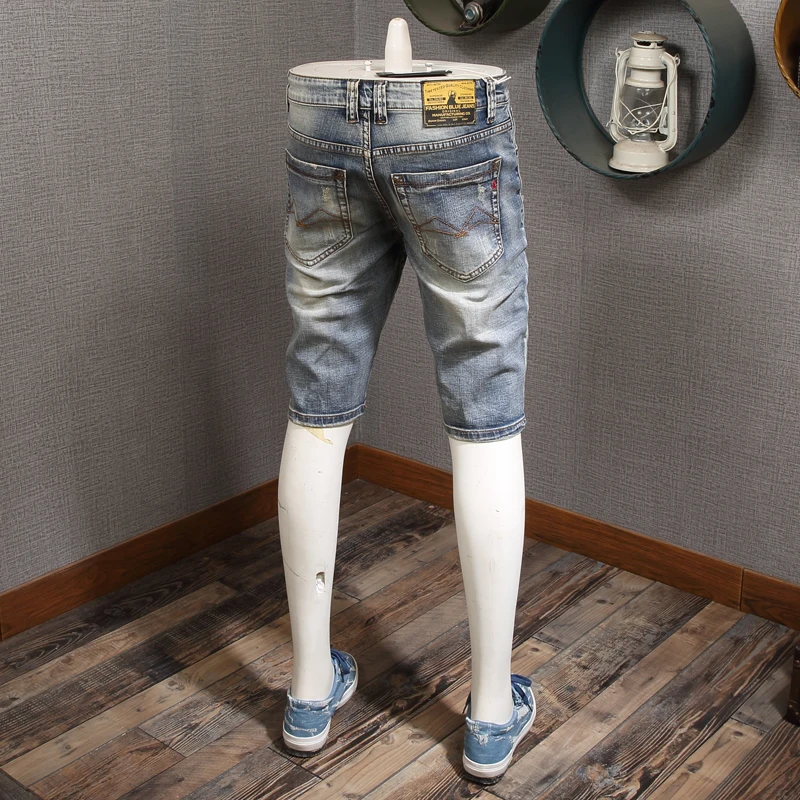 Men Distressed Ripped Patch Jeans Shorts Summer Light Blue Straight Slim Fit Mens Denim Shorts