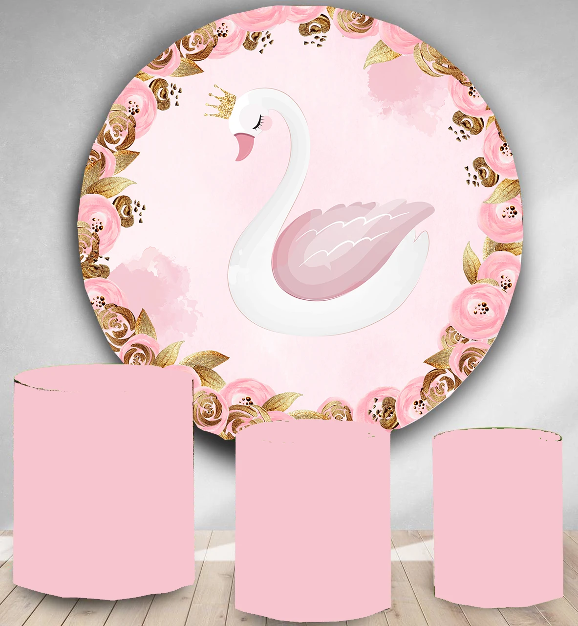 

Circular Round Panel backdrop circle background pink gold flower swan theme birthday baby shower party decor polyester fabric