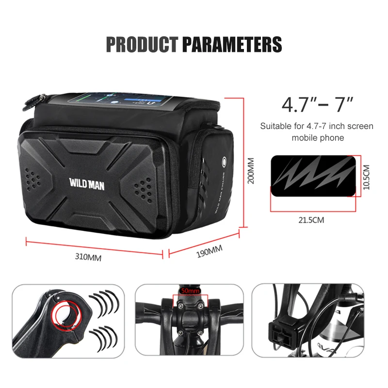 WILD MAN GS6 Bicycle Bag EVA Hard Shell Waterproof Touch Screen High Capacity Front Tube Frame Mountain Bike Bike Accessories