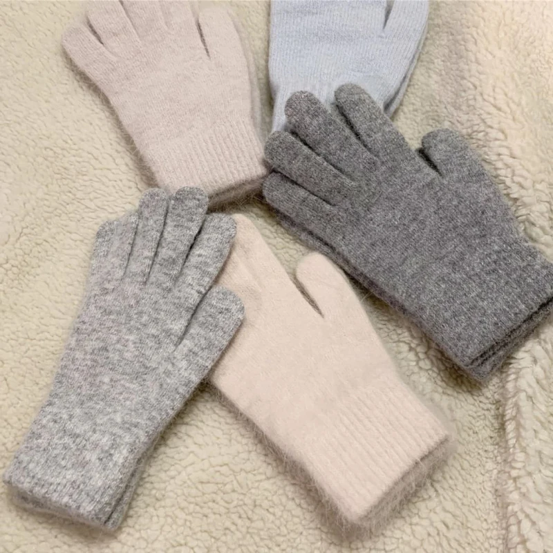 Winter Frauen Warm Halten Plus Samt Touchscreen Verdicken Nette Reizende Solide Weiche Gestrickte Wolle Handschuhe Stick Radfahren Kaninchen Fell