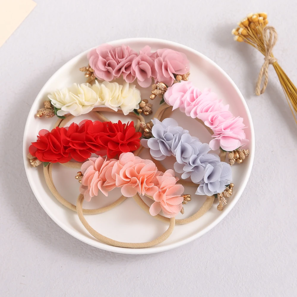 18pc/lot Baby Hair Accessories New Fashion Chiffon Flower Infant Nylon Headband Girls Artificial Pearl Floral Headbands Headwear