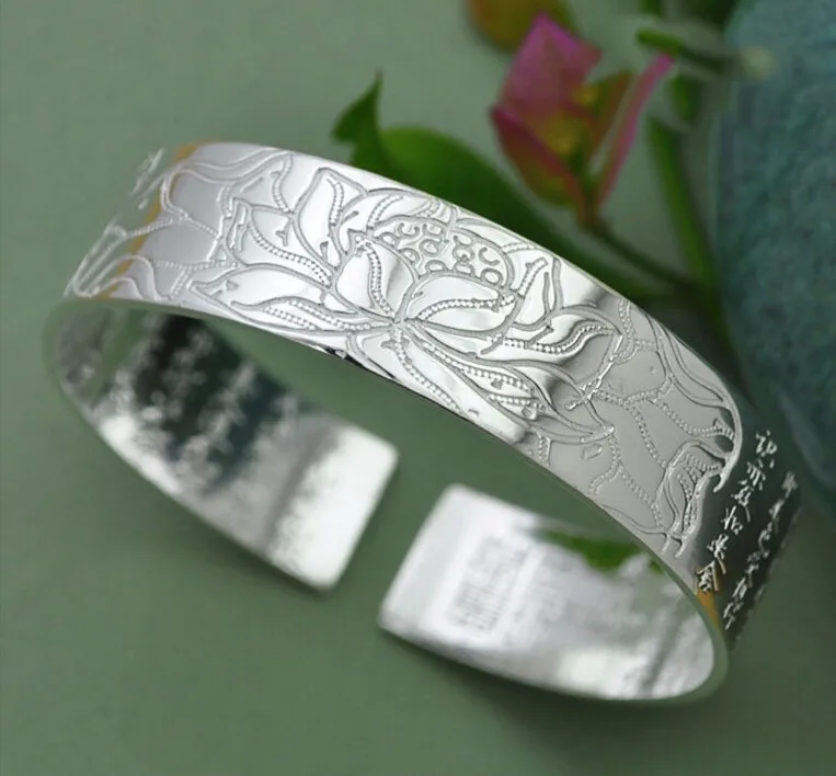 Lotus 925 Sterling Silver Cuff Bracelets Bangles Tibetan Buddhist Scriptures Language Female Hand Jewelry